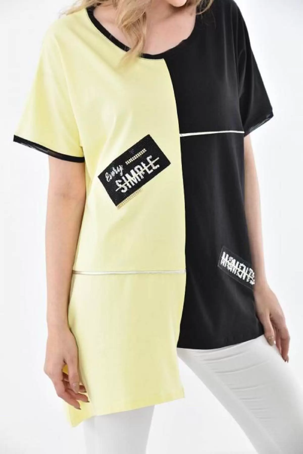 Yuvarlak Yaka Taşlı Asimetrik Kesim Siyah-Sarı Kadın Bluz