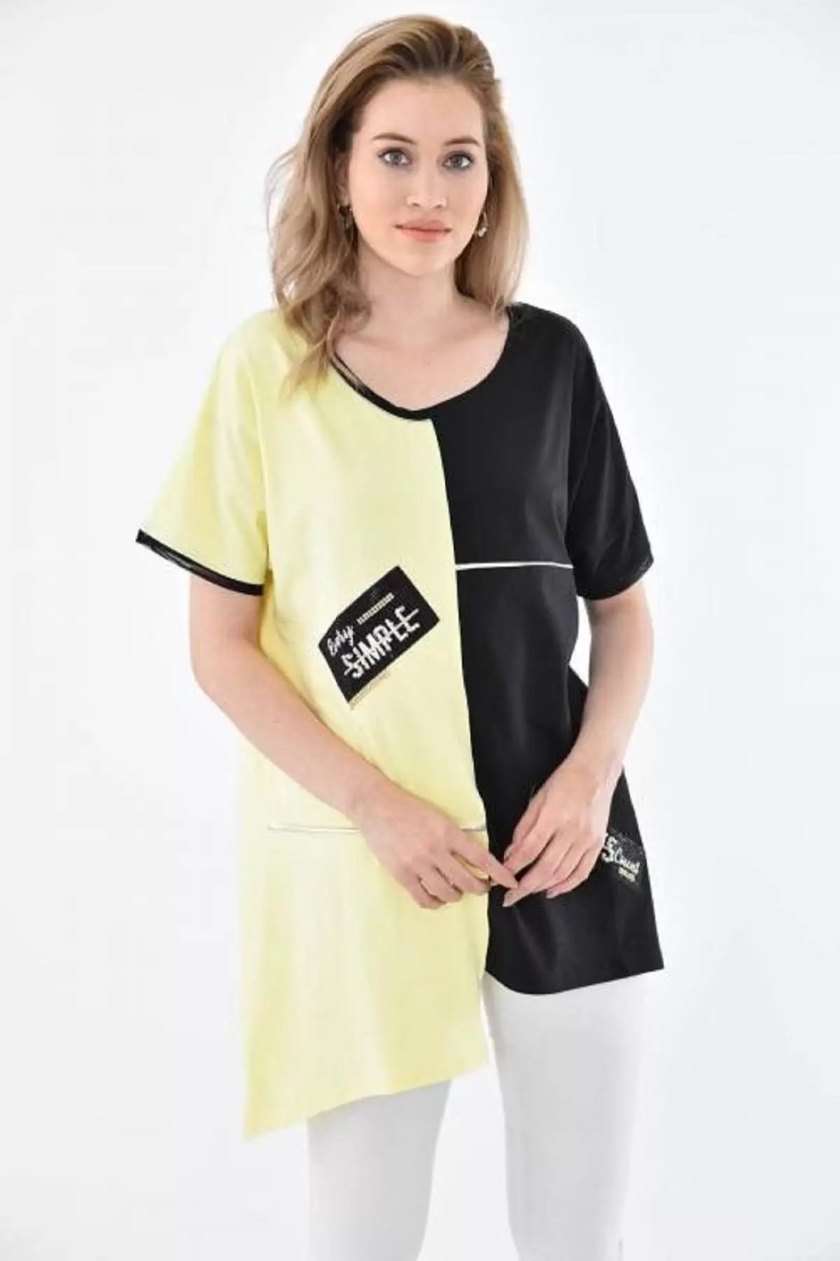 Yuvarlak Yaka Taşlı Asimetrik Kesim Siyah-Sarı Kadın Bluz