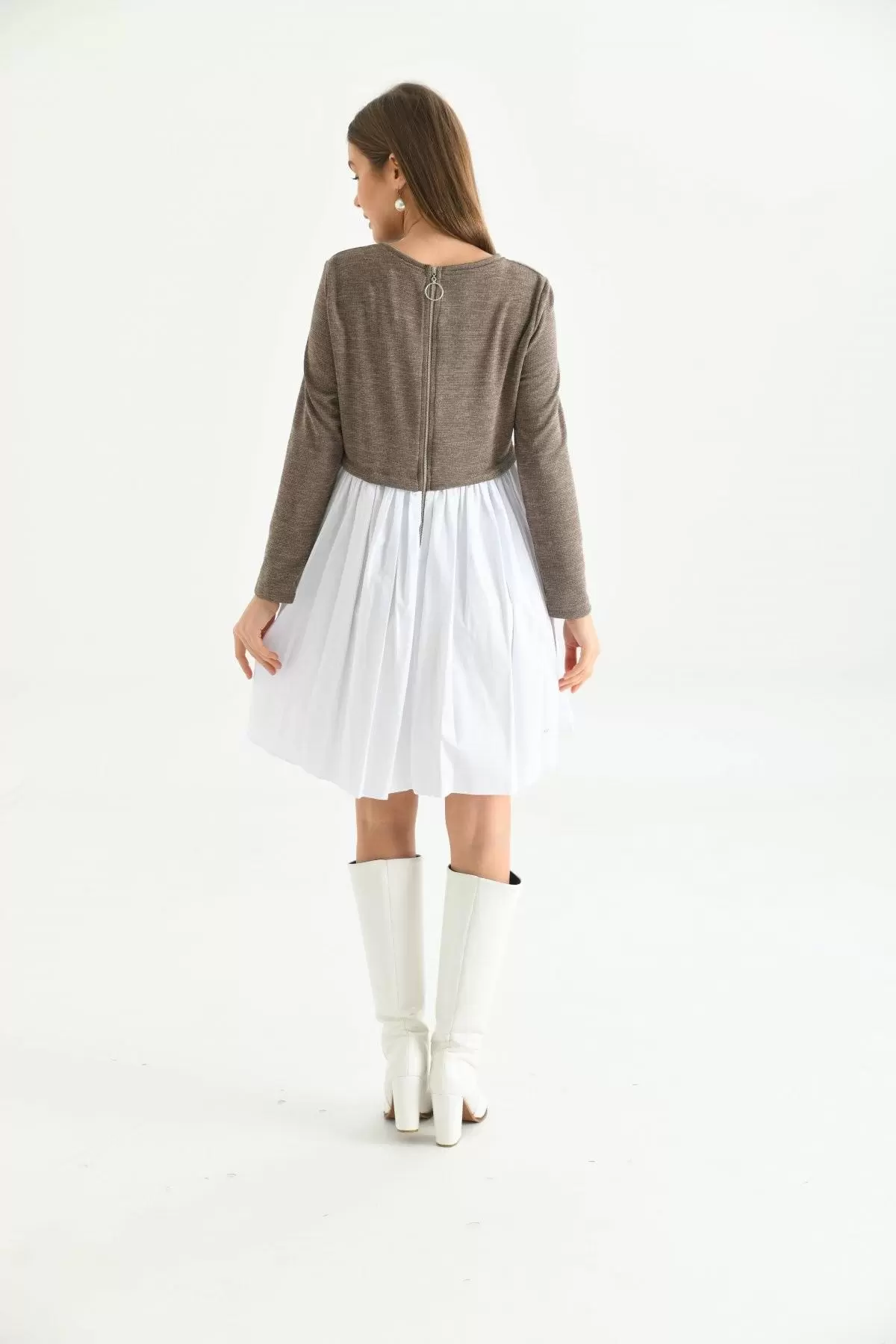 Yuvarlak Yaka Uzun Kollu Kahve Beyaz Kadın Elbise