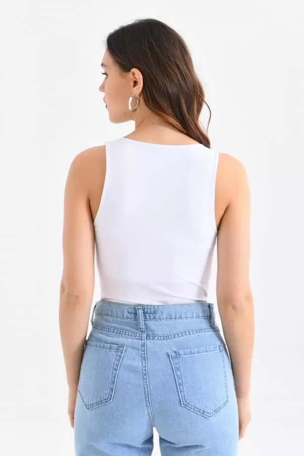 Askılı Bisiklet Yaka Kadın Beyaz Bodysuit