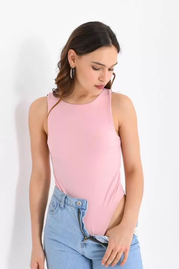 Askılı Bisiklet Yaka Kadın Pudra Bodysuit