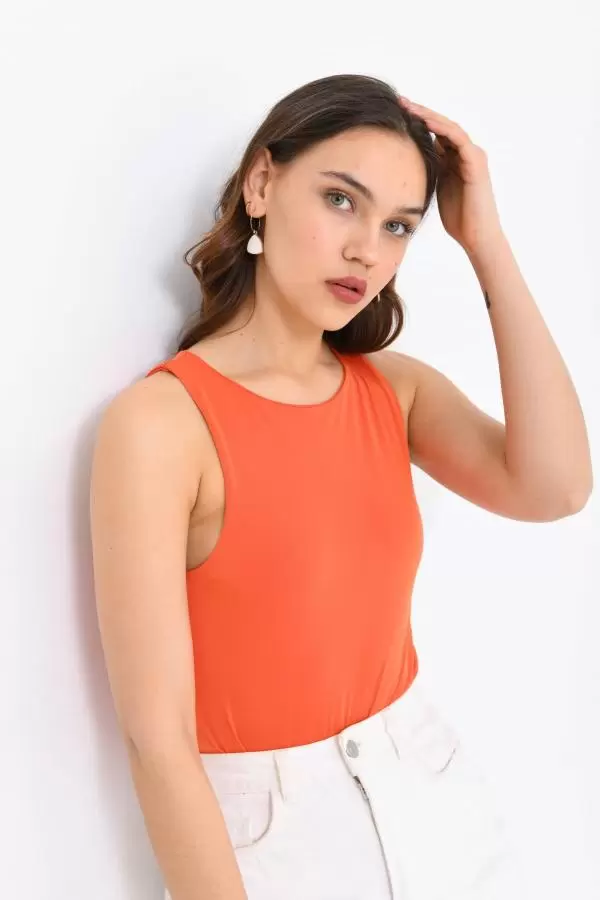 Askılı Bisiklet Yaka Kadın Turuncu Bodysuit