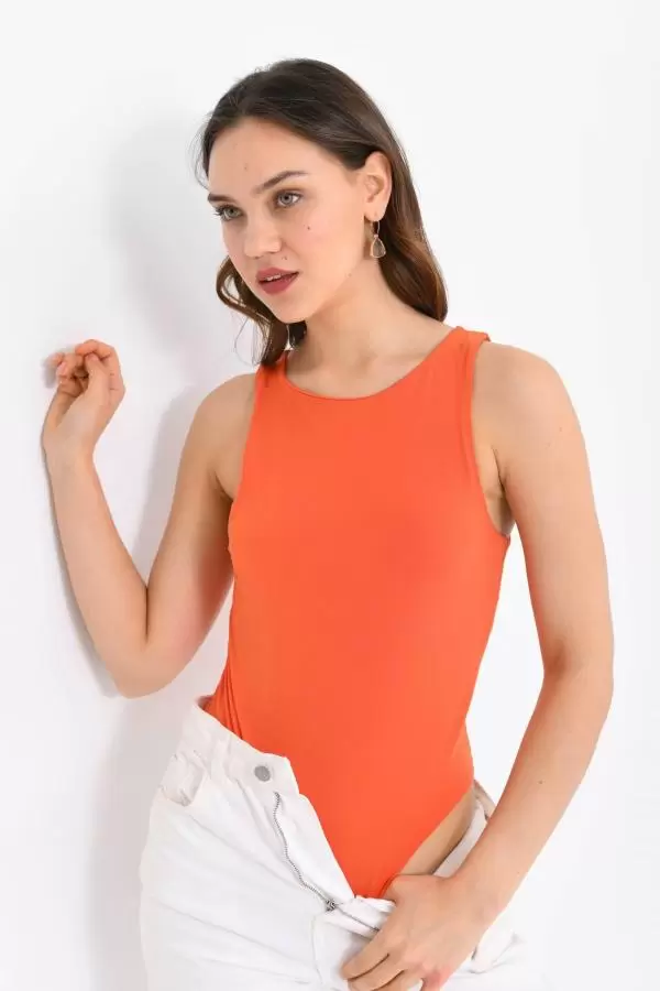 Askılı Bisiklet Yaka Kadın Turuncu Bodysuit