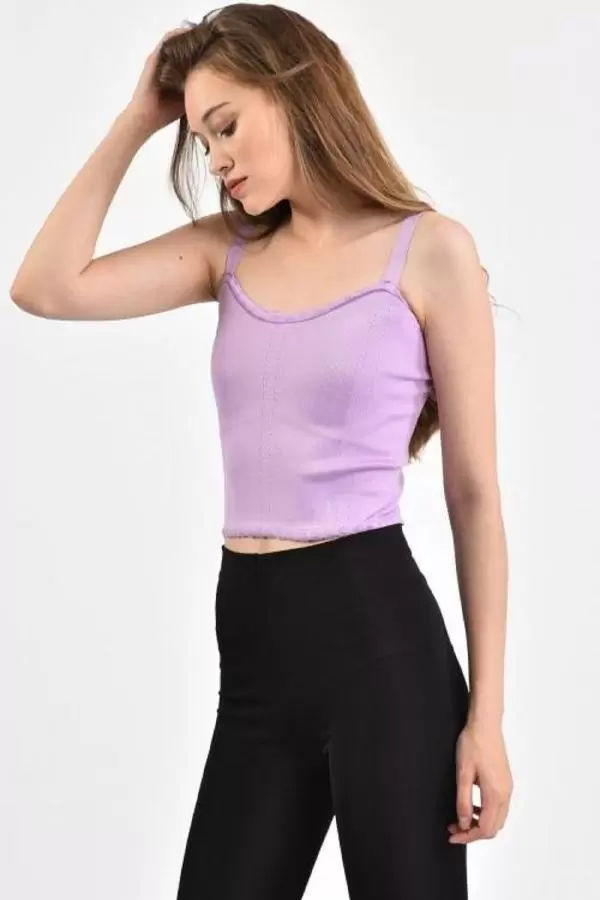 Askılı Dantel Desenli Kısa Triko Lila Kadın Bluz