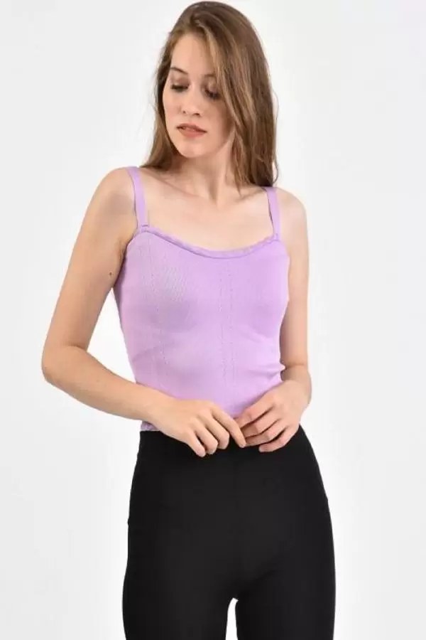 Askılı Dantel Desenli Kısa Triko Lila Kadın Bluz