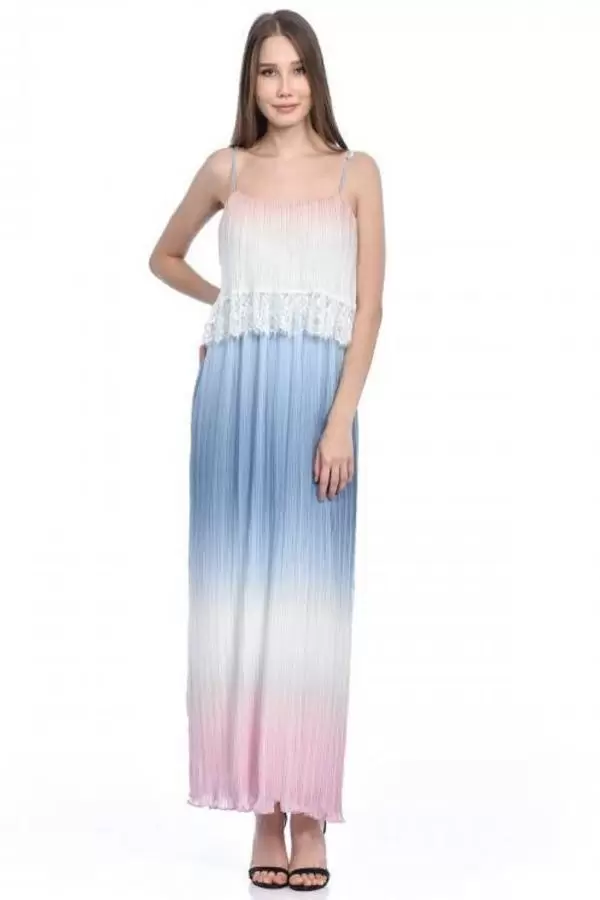 Askılı Dantel detaylı Beyaz Renkli Kloş Pileli Kadın Elbise