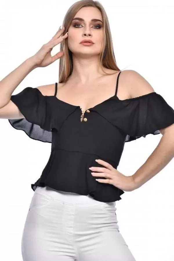 Askılı Düşük Kollu Volenli ve Düğmeli Kısa Siyah Kadın Bluz