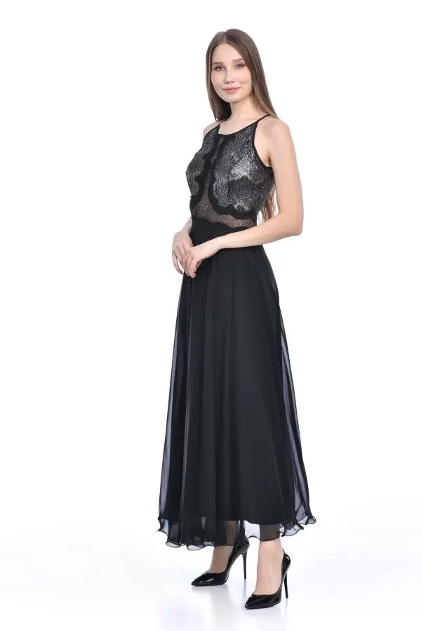 Askılı Göğüs Dantel ve Astarlı Siyah Abiye Kadın Elbise