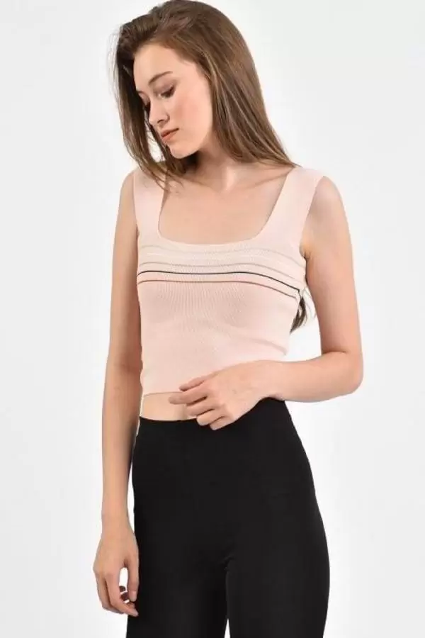 Askılı İnce Çizgi Desenli Pudra Triko Kadın Bluz