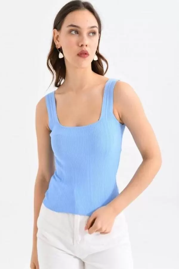 Askılı Kare Yaka Crop Triko Bebe Mavi Kadın Bluz