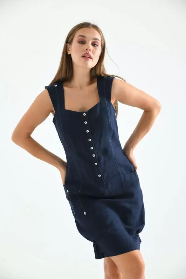 Askılı Kare Yaka Düğmeli ve Cepli Lacivert Kadın Elbise