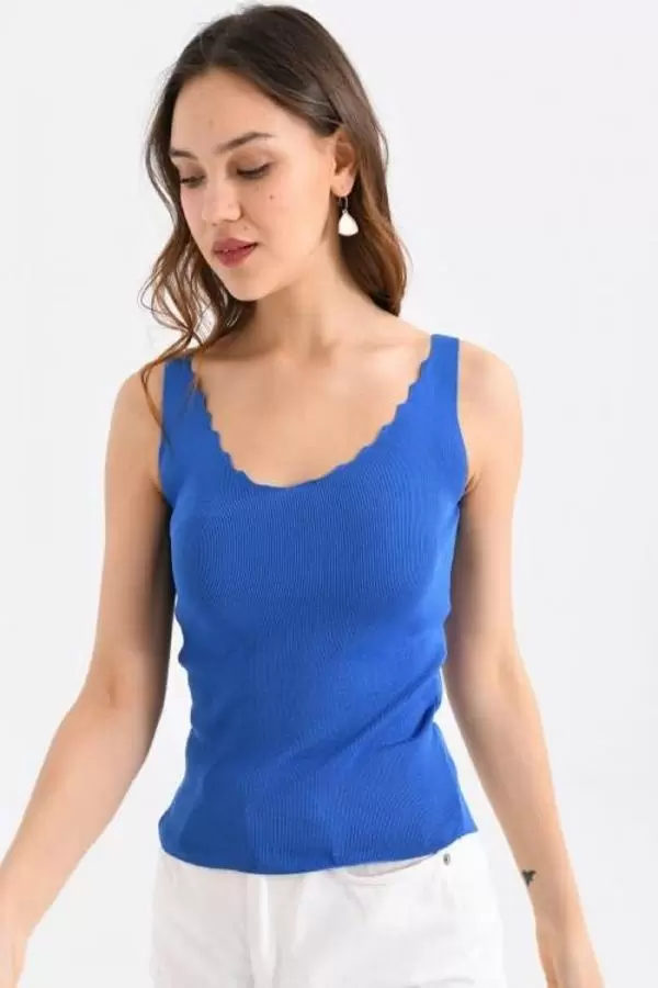 Askılı Merdiven Desenli Kadın Mavi Crop Triko Bluz