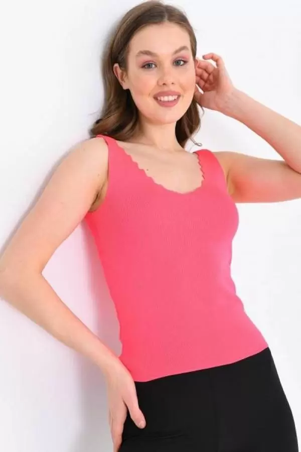 Askılı Merdiven Desenli Kadın Pembe Crop Triko Bluz