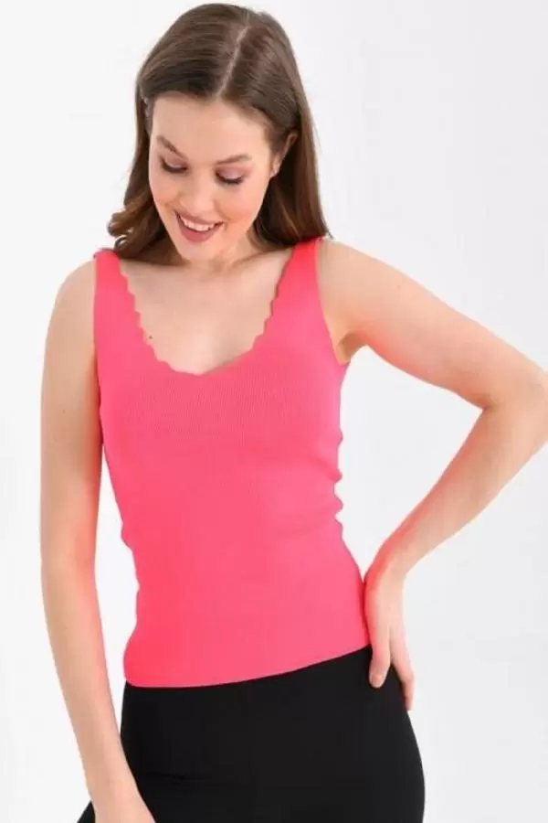 Askılı Merdiven Desenli Kadın Pembe Crop Triko Bluz