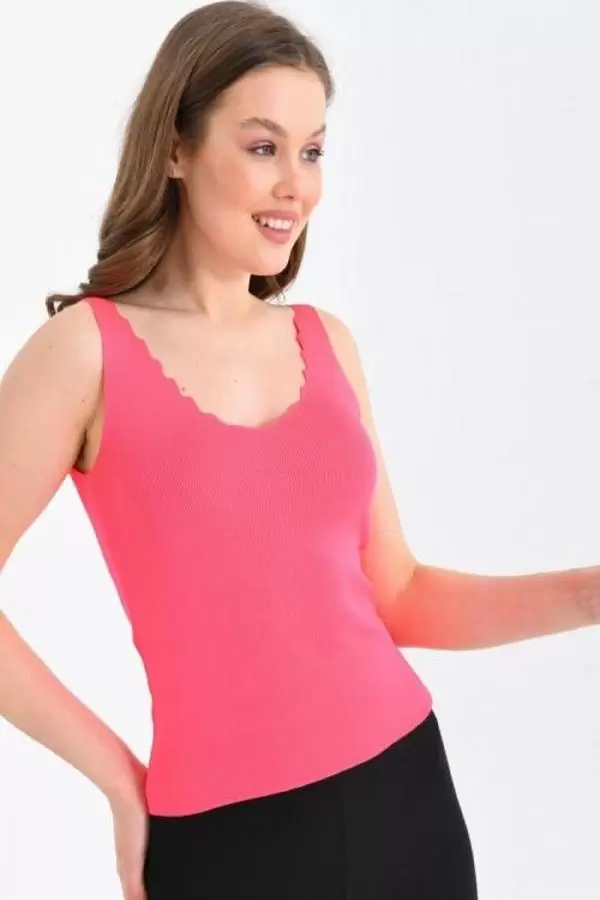 Askılı Merdiven Desenli Kadın Pembe Crop Triko Bluz