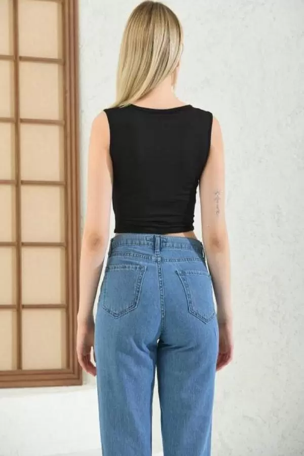 Askılı Önden Bağcıklı Siyah Kadın Crop Bluz