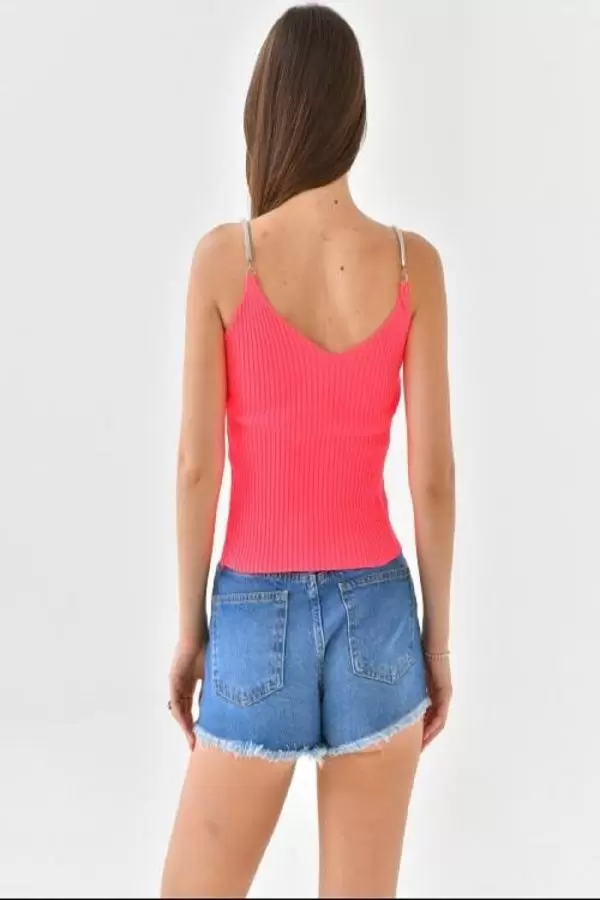 Askılı Sim Detaylı Fuşya Kadın Triko Crop Top