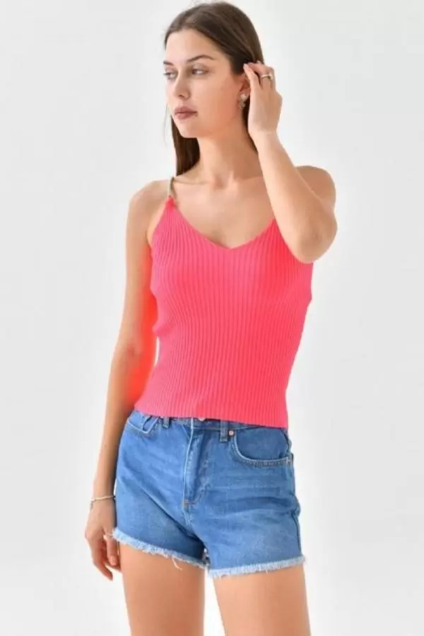 Askılı Sim Detaylı Fuşya Kadın Triko Crop Top