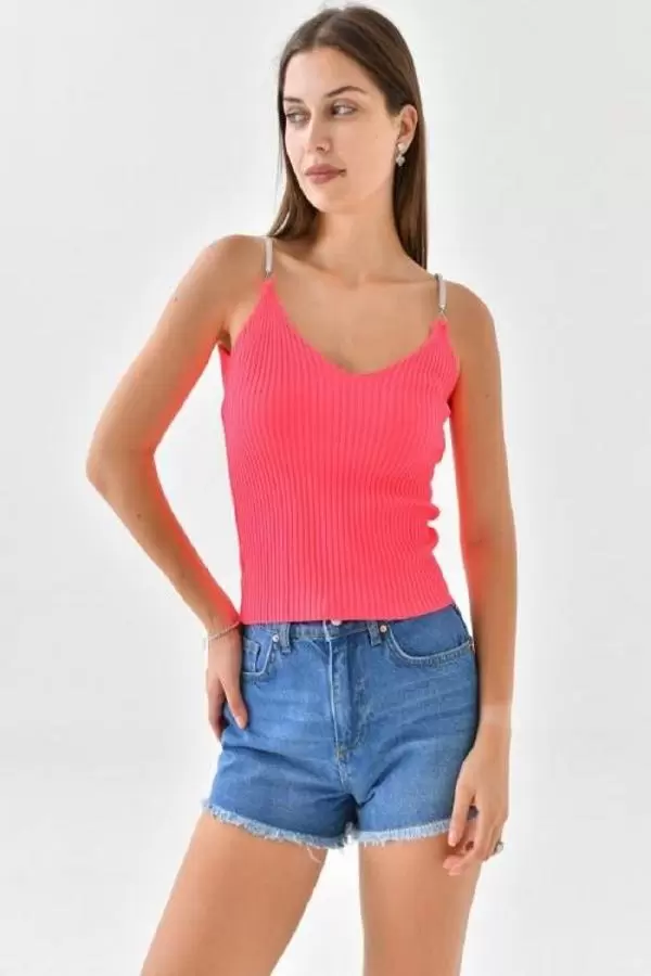 Askılı Sim Detaylı Fuşya Kadın Triko Crop Top