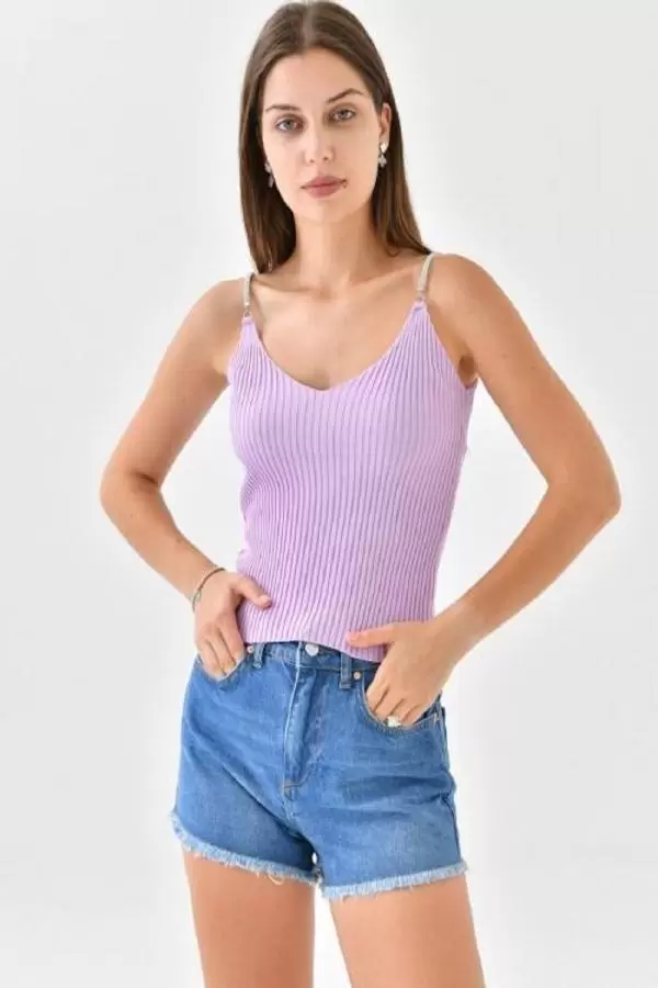 Askılı Sim Detaylı Lila Kadın Triko Crop Top
