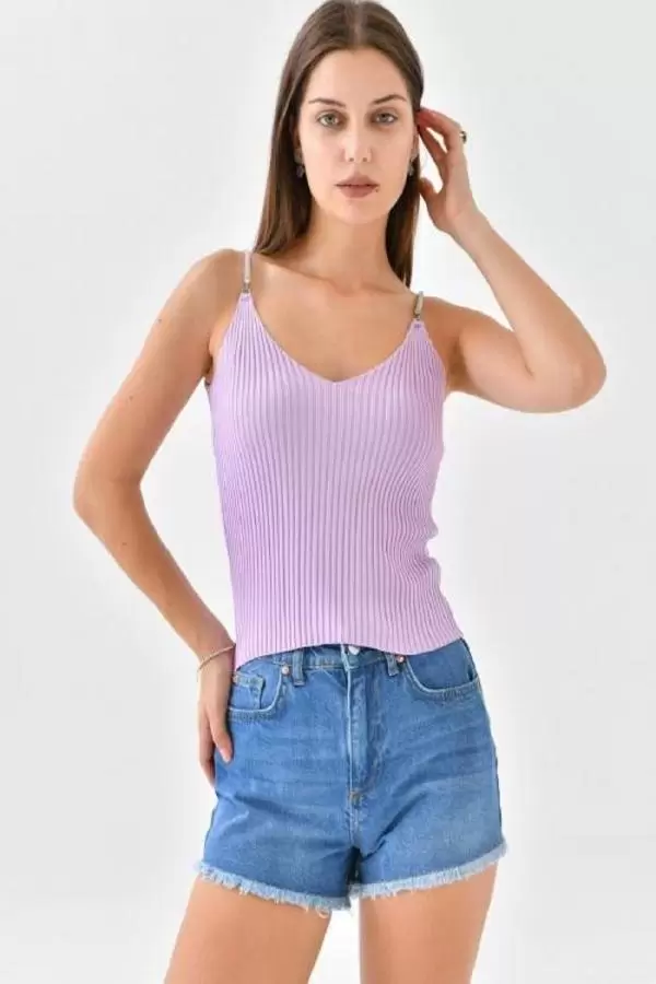 Askılı Sim Detaylı Lila Kadın Triko Crop Top
