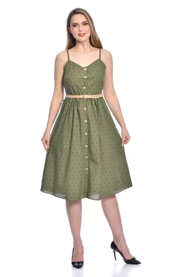 Askılı Sıra Düğmeli Kemerli ve Baskılı Haki Keten Kadın Elbise