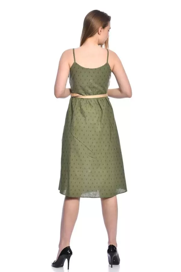 Askılı Sıra Düğmeli Kemerli ve Baskılı Haki Keten Kadın Elbise