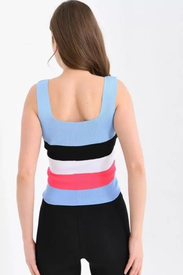 Askılı ve Çizgli Crop Triko Bebe Mavi Kadın Bluz