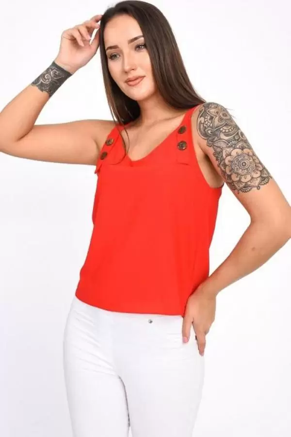 Askılı ve Düğmeli Sıfır Kol Kırmızı Kadın Bluz