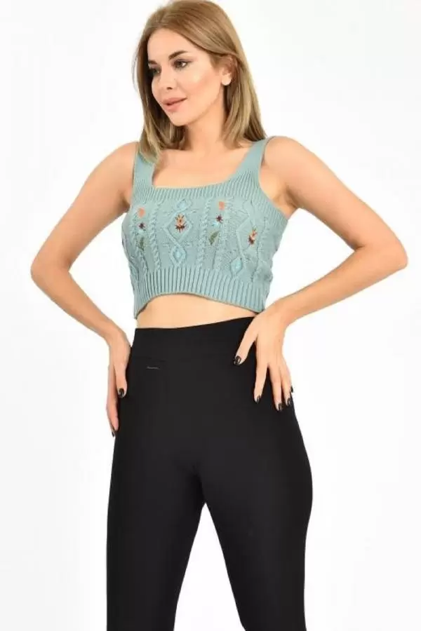 Askılı ve Nakış Detaylı Mint Kadın Triko Büstiyer