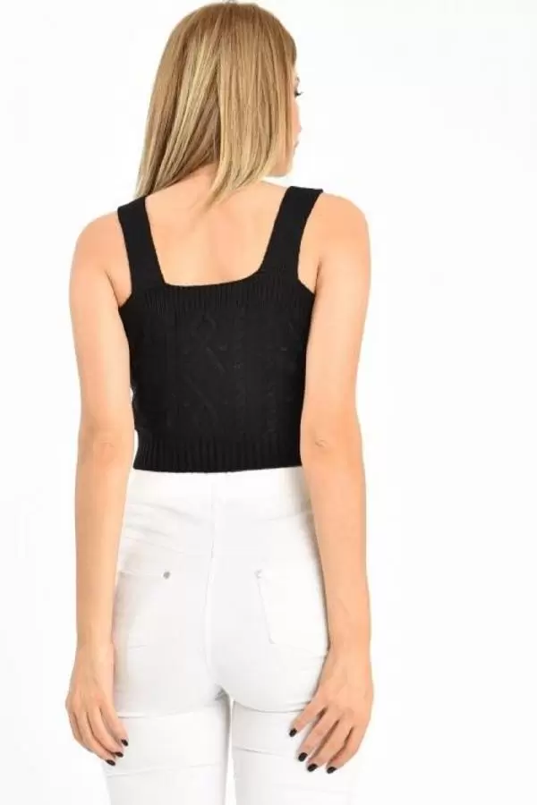 Askılı ve Nakış Detaylı Siyah Kadın Triko Büstiyer