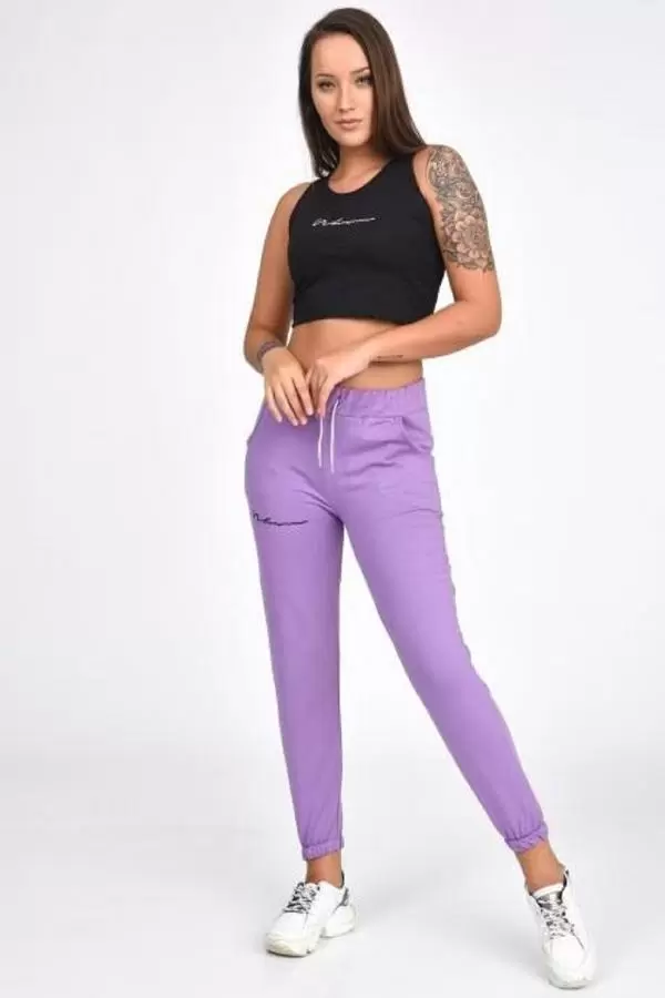 Atletli Beli ve Paçası Lastikli Nakışlı Lila Kadın Eşofman