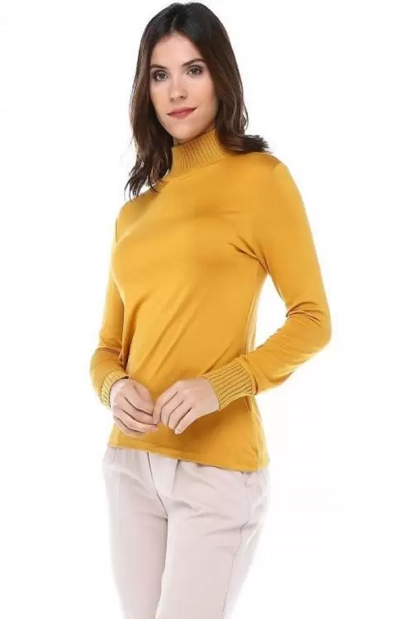 Balıkçı Yaka Body Aksesuarlı Başak Desenli Hardal Triko Kadın Bluz