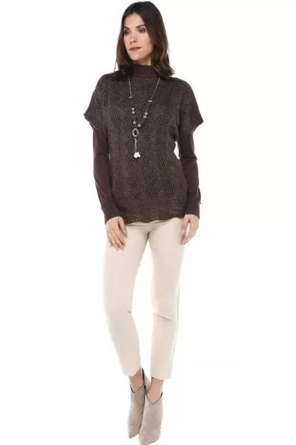 Balıkçı Yaka Body Aksesuarlı Başak Desenli Kahverengi Triko Kadın Bluz