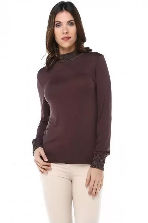 Balıkçı Yaka Body Aksesuarlı Başak Desenli Kahverengi Triko Kadın Bluz