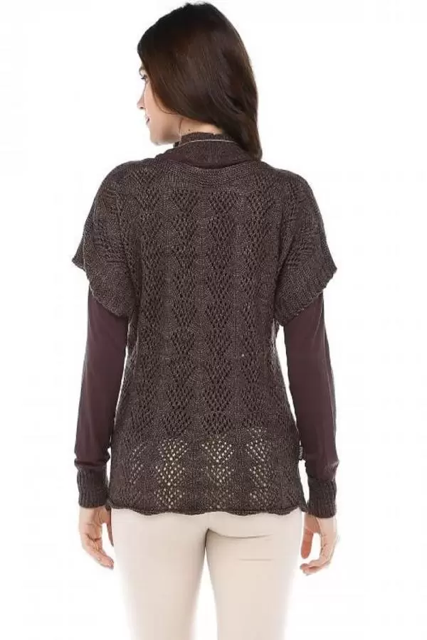 Balıkçı Yaka Body Aksesuarlı Başak Desenli Kahverengi Triko Kadın Bluz