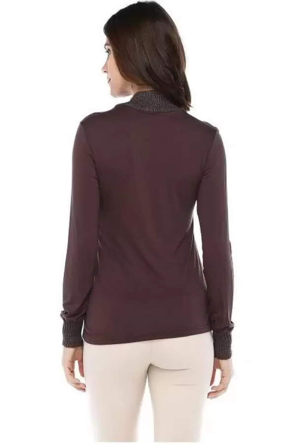 Balıkçı Yaka Body Aksesuarlı Başak Desenli Kahverengi Triko Kadın Bluz