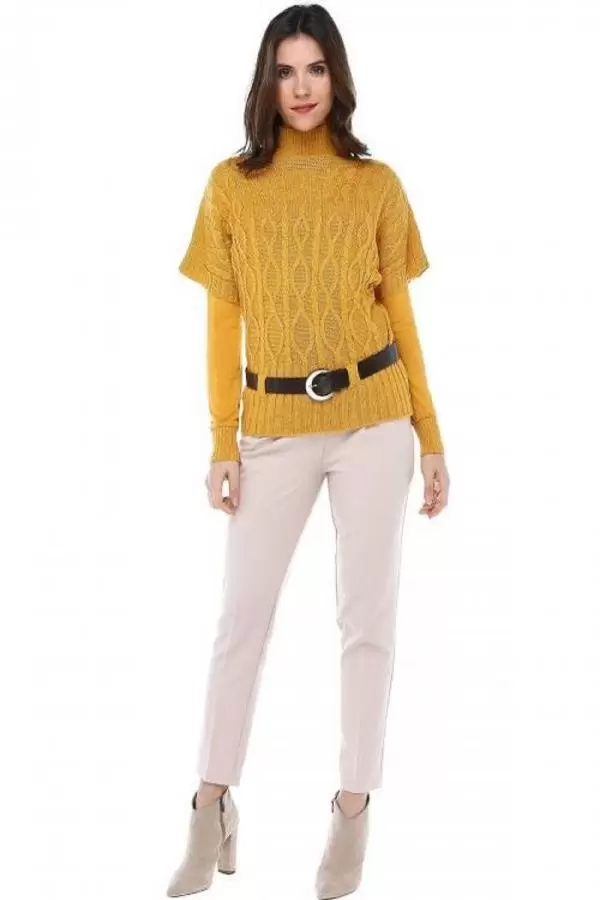 Balıkçı Yaka Body'li Kemerli ve Saç Örgülü Hardal Triko Kadın Bluz