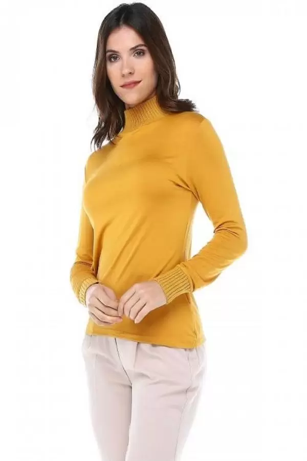 Balıkçı Yaka Body'li Kemerli ve Saç Örgülü Hardal Triko Kadın Bluz