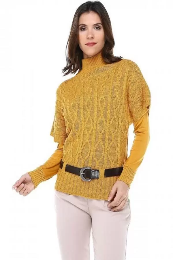 Balıkçı Yaka Body'li Kemerli ve Saç Örgülü Hardal Triko Kadın Bluz