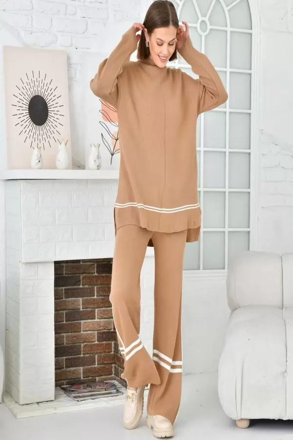 Balıkçı Yaka Çizgili Alt Üst İkili Salaş Kahve Kadın Triko Takım