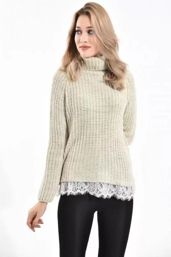 Balıkçı Yaka Dantelli Örme Bej Kadın Kazak