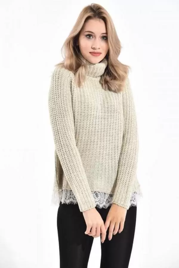 Balıkçı Yaka Dantelli Örme Bej Kadın Kazak