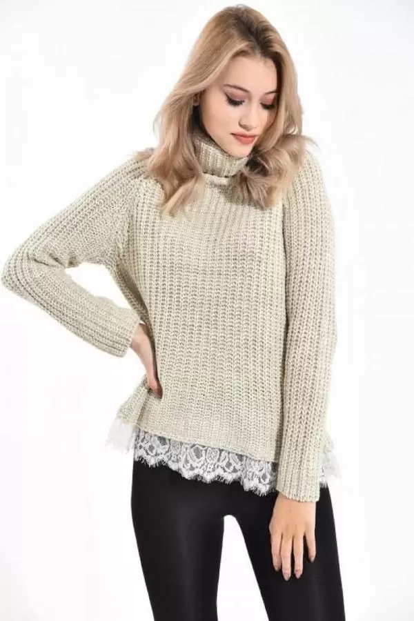 Balıkçı Yaka Dantelli Örme Bej Kadın Kazak