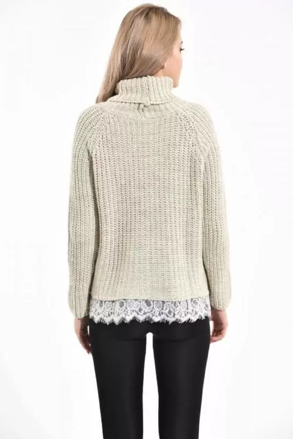Balıkçı Yaka Dantelli Örme Bej Kadın Kazak
