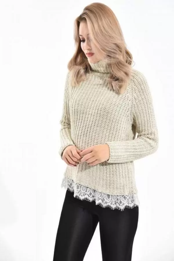 Balıkçı Yaka Dantelli Örme Bej Kadın Kazak
