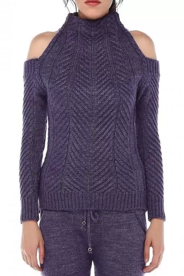 Balıkçı Yaka Omuz Detaylı Saç Örgülü Mor Triko Takım