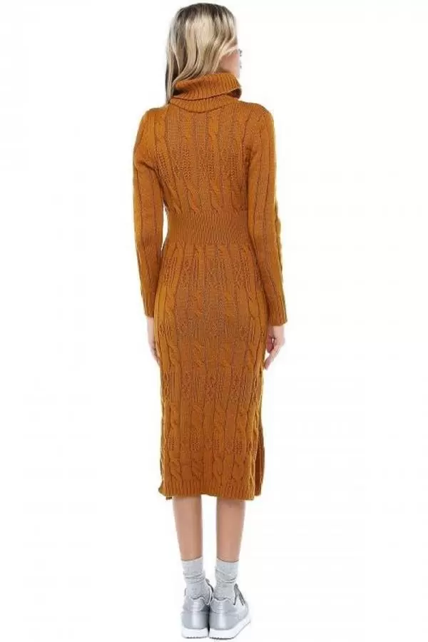 Balıkçı Yaka Saç Örgülü Hardal Triko Kadın Elbise