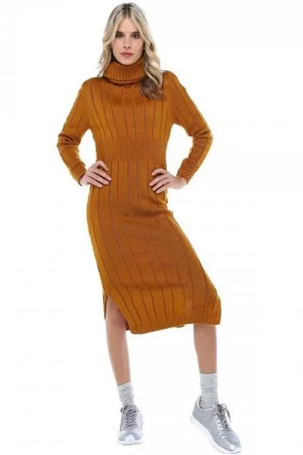 Balıkçı Yaka Saç Örgülü Hardal Triko Kadın Elbise