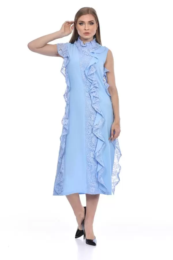 Balıkçı Yaka Sıfır Kol Dantel ve Kupürlü Bebe Mavi Kadın Elbise
